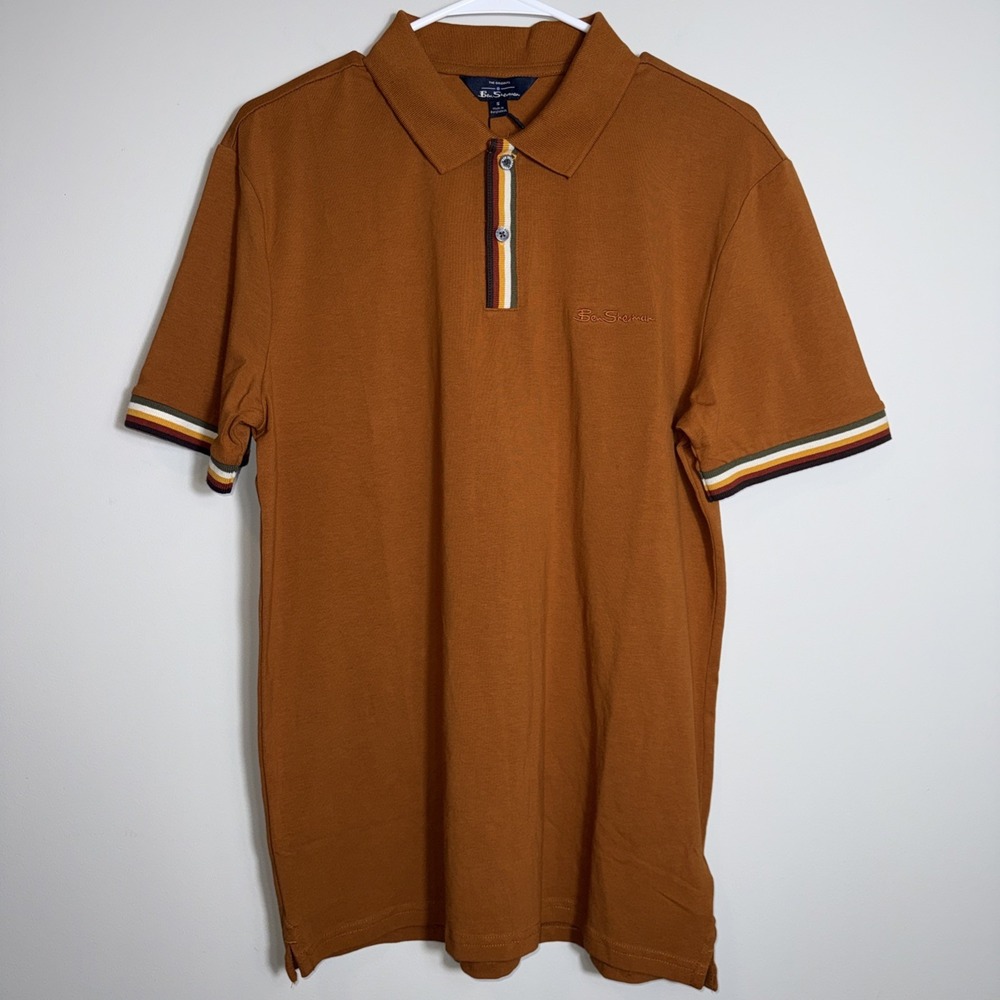 Ben Sherman Mens Caramel Brown Striped Tipped Polo Shirt Small Mod Minimalist‎